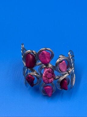 Handmade Boho Wire Wrapped Pink Stone Cuff Bracelet – Artisan Statement Jewelry